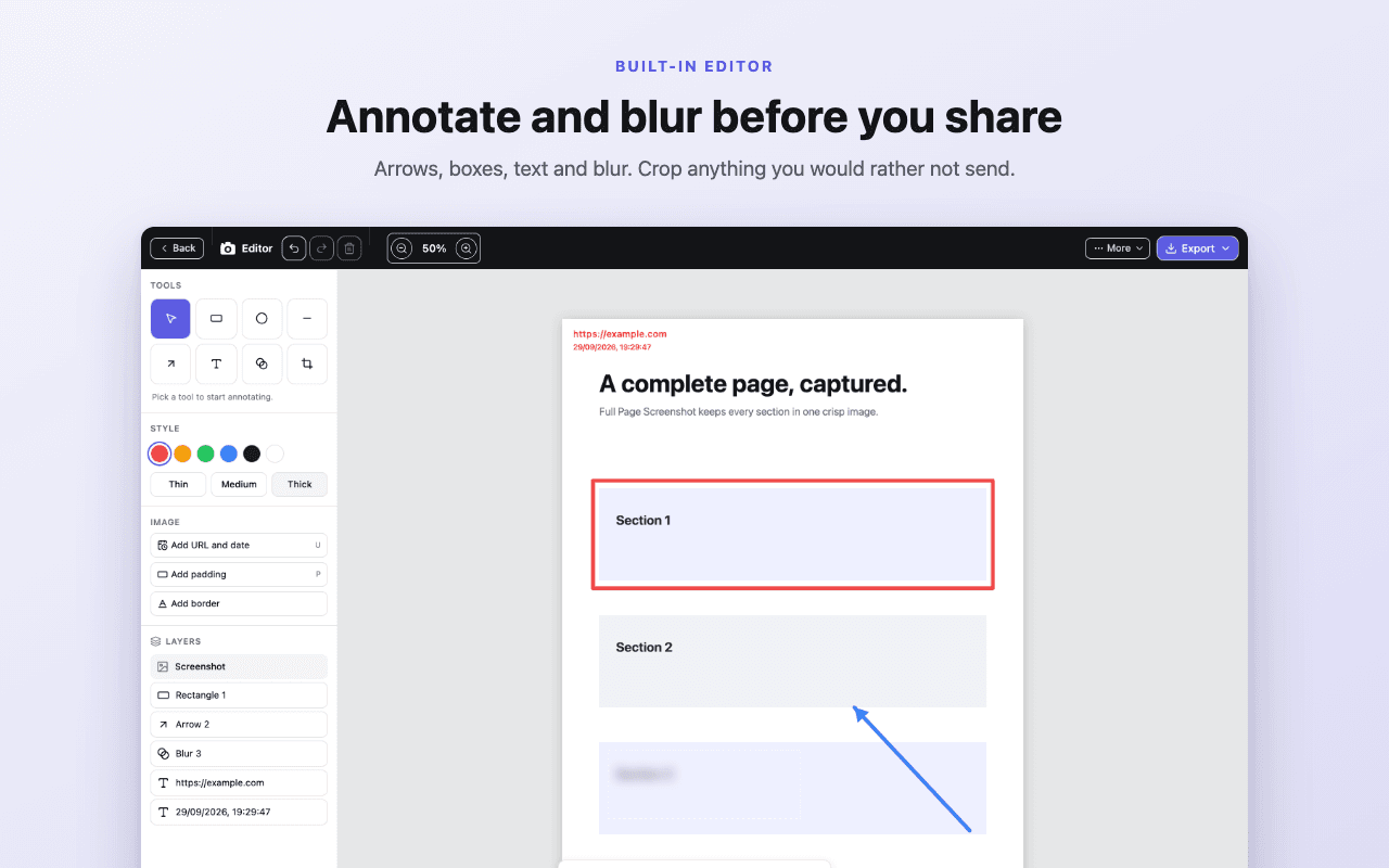 Screenshot editor with annotation tools, color choices, layers, and a captured page